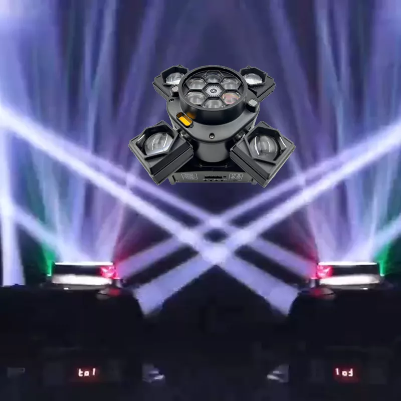Mini Pixiu 4-Arm Moving Head Light 80W DMX CREE RGBW Dual RG Laser Golden LED Fan Cooling Indoor Party Fixture Strobe Multi Macro Light Effect Equipment Mini Stage Lamp KTV Home Entertainment Unit for Disco Party Wedding Cafe Rental Mini Stage