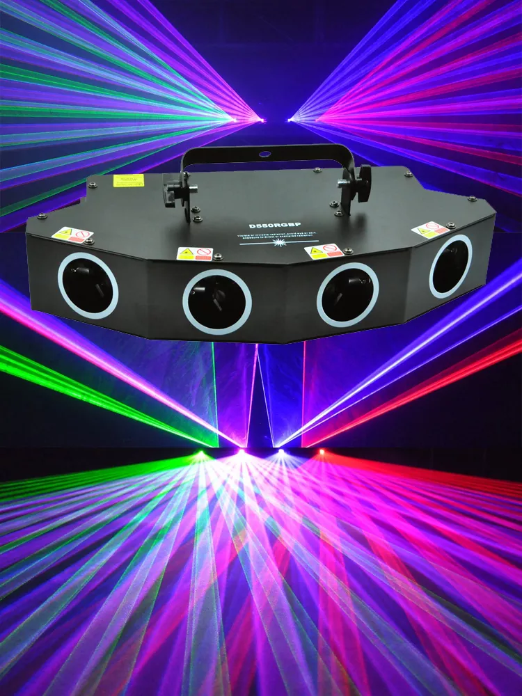 D550RGBP-34 RGBP Four Tunnel Laser Light 150mW Red 50mW Green 100mW Blue 250mW Purple Wide Beam Micro-step Scanner 7CH DMX 3Pin XLR Sound Auto Master Slave 100+ Patterns Laser Projector Large Scanning Angle Professional Stage Lighting for Entertainment Venues