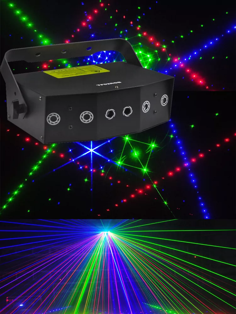 TF02RGB-34 6-aperture RGB Laser 24 Patterns 1D Sector Crossing Beams 6CH DMX Black Out Sound Auto Master-Slave Key Switch 15W 100-250V Compact 2.2Kg Stage Light Multi-beam Animation Laser Indoor Entertainment Fixture for Party Venues Stage Equipment Colorful Laser Lighting