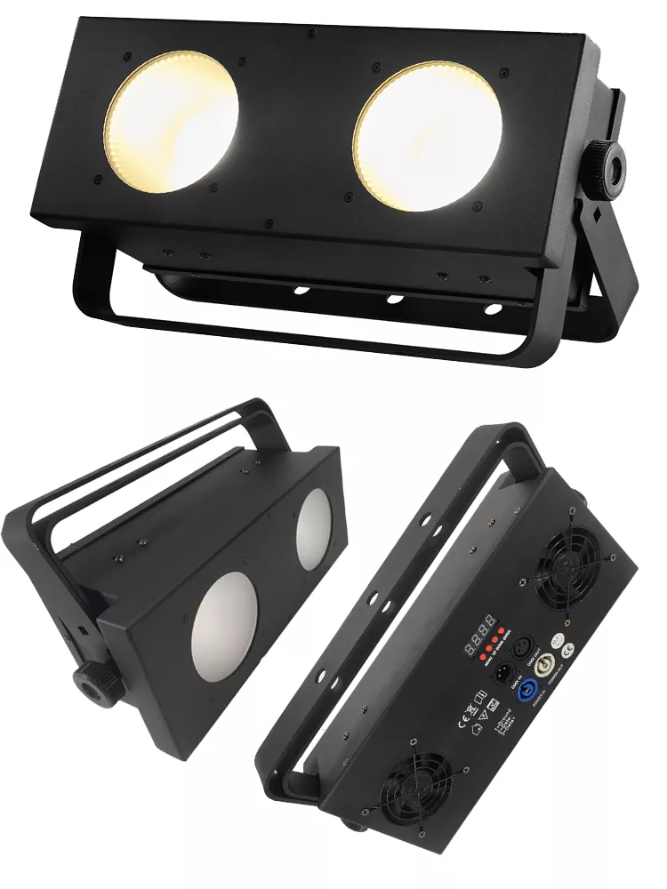 2*100W Nichia COB Single WW CW Blinder Light Ra≥90 30Deg Beam 11700Hz Flicker Free 2/5CH DMX Master Slave Sound Auto Metal IP20 Stage Blinder Lamp Quiet Fans Professional Studio Equipment High CRI for Film Broadcast Theatre Wedding Indoor Performance Setup