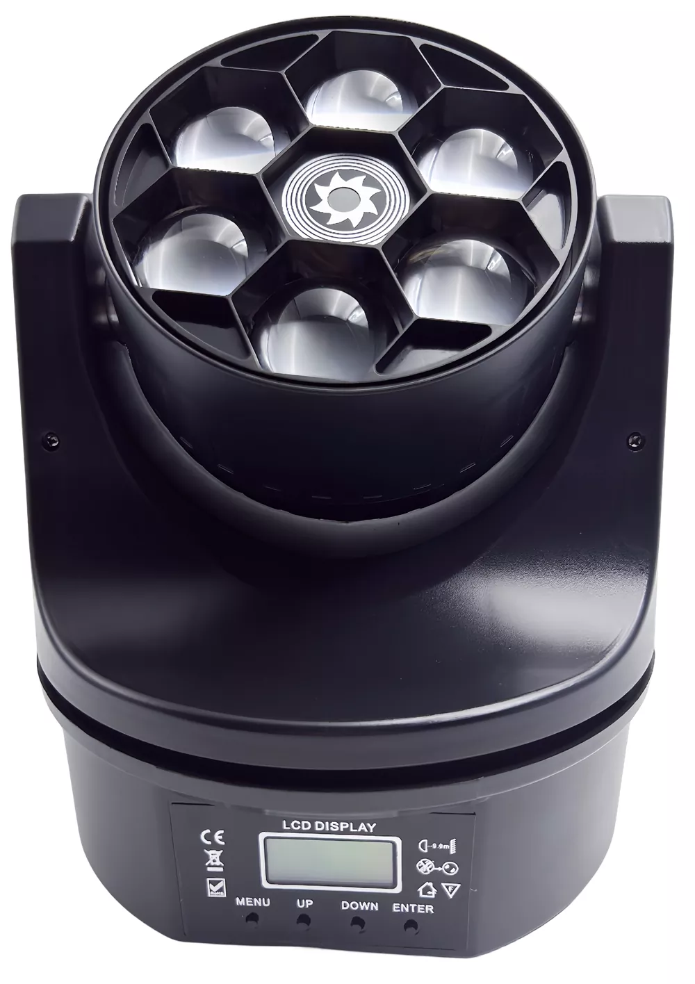 Mini Six Bee Eyes Moving Head Light 90W CREE RGBW 50mW Green Laser Fan Cool Plastic Compact Stage Fixture Full Linear Dimming Multi Strobe KTV Bar Home Party Lighting Unit for Cafe Gig Disco Party Rental Booth Mini Show Wine Bar Small Stage
