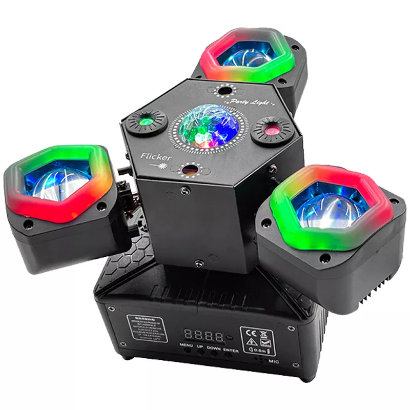 产品图片 Mini 3-arm Magic Ball Light 80W AC100-240V 18/26 DMX CREE LED Laser Strobe 0-20 Flicker Air Cooling Stage Fixture Portable Entertainment Light Mixed Beams Golden Flash Colorful Effects for Venue Performance Club Show Events