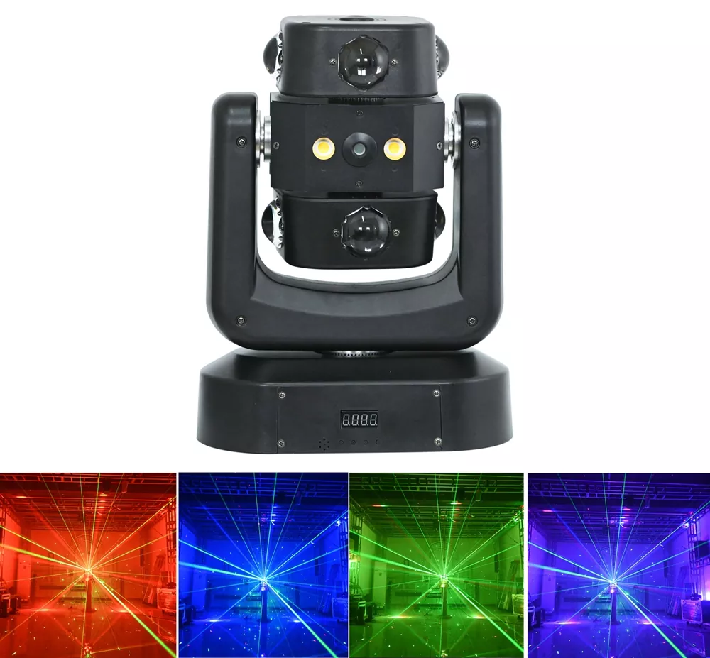 效果 Multi Arm Wind Fire Wheel Moving Head Light 150W 8*15W CREE RGBW Dual RG Lasers Golden Strobe Stage Fixture Built-in Macro Effect Equipment Indoor Party KTV Wedding Performance Unit for Bar Wedding Ceremony Rental Event Wedding Rental Mini Stage