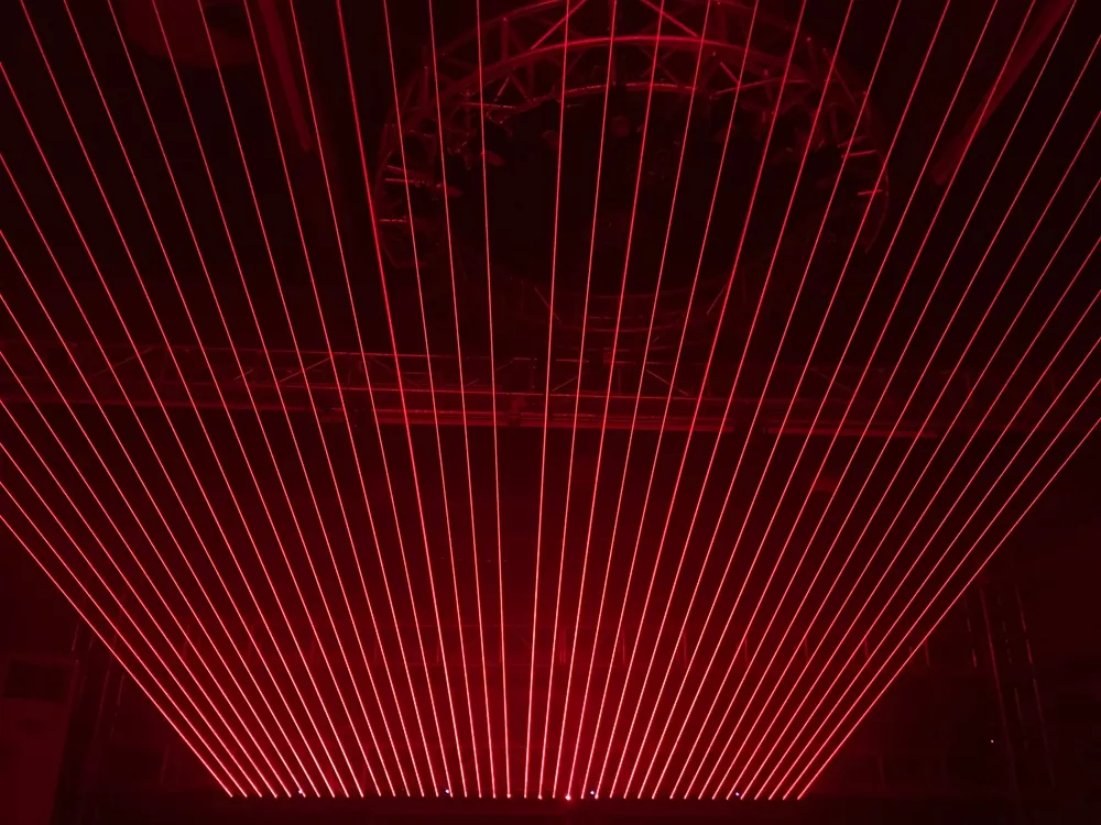 10 Head Laser & Golden LED Combined Light 8° Divergence Independent X/Y Adjust Sync Async Effects RGB Gradient Strobe Stage Fixture Beam Array Light 100mW Red Laser Professional Entertainment Large Coverage Party Lighting