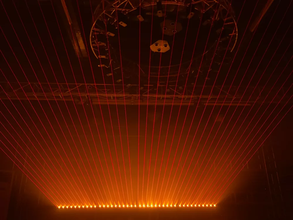 10 Head Laser & Golden LED Combined Light 8° Divergence Independent X/Y Adjust Sync Async Effects RGB Gradient Strobe Stage Fixture Beam Array Light 100mW Red Laser Professional Entertainment Large Coverage Party Lighting