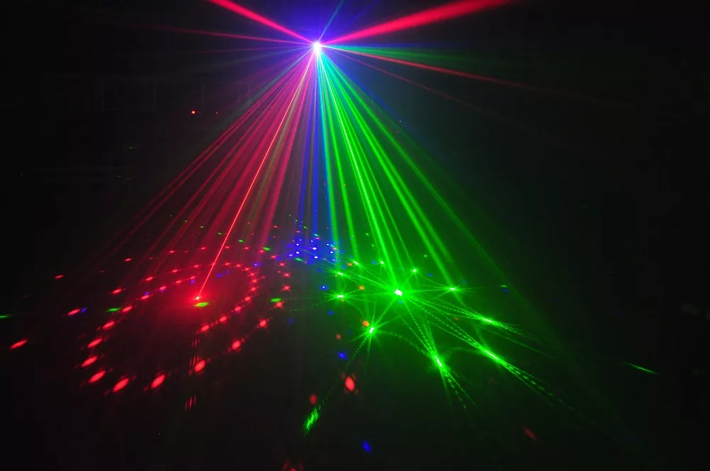 3-aperture RGB Laser 24 Patterns Stereoscopic Beam 4CH DMX Black Out Sound Auto Master-Slave Key Switch 10W 100-250V Compact 1.3Kg Portable Stage Light Mini RGB Laser Fixture for Disco KTV Bar Party Entertainment Lighting Indoor Venues