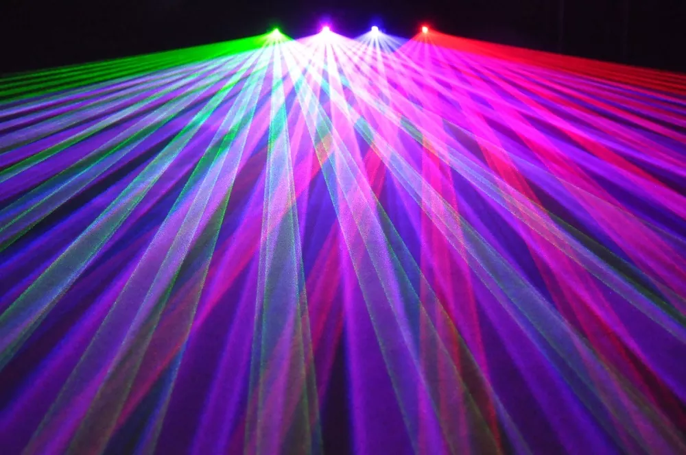 RGBP Four Tunnel Laser Light 150mW Red 50mW Green 100mW Blue 250mW Purple Wide Beam Micro-step Scanner 7CH DMX 3Pin XLR Sound Auto Master Slave 100+ Patterns Laser Projector Large Scanning Angle Professional Stage Lighting for Entertainment Venues