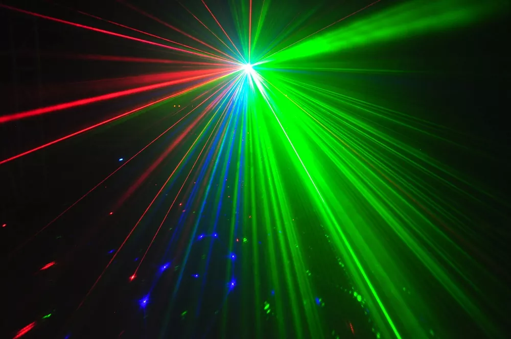 3-aperture RGB Laser 24 Patterns Stereoscopic Beam 4CH DMX Black Out Sound Auto Master-Slave Key Switch 10W 100-250V Compact 1.3Kg Portable Stage Light Mini RGB Laser Fixture for Disco KTV Bar Party Entertainment Lighting Indoor Venues