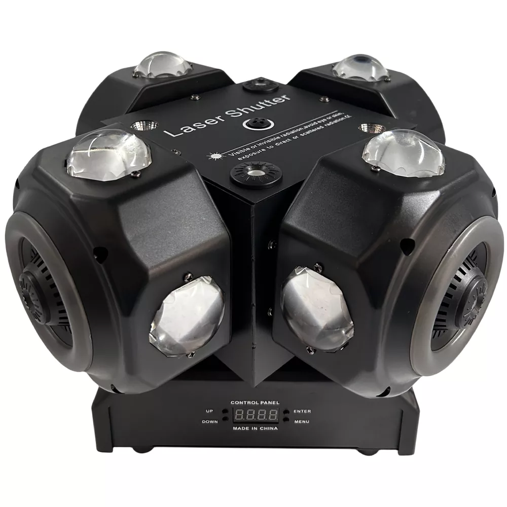 2 Four Arm Hot Wheel LED Strip Stage Light 180W AC90-240V 22 DMX 16x10W RGBW Dual 30mW RG Laser 2-3° Narrow Beam Fixture Smooth Dimming Strobe Indoor Disco KTV Party Lamp Multi Layer Beam Laser Stripe White Flash Macro Program Daisy Chain for Dance Showcase Wine Party Art Gala Boutique Launch LIve Band Venue Mini Wedding Banquet Bar Stage