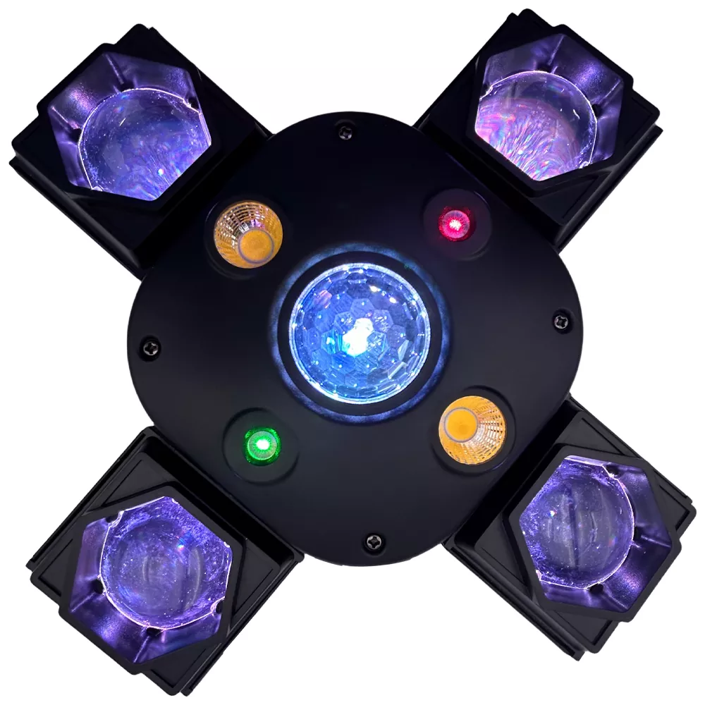 Mini Four-Arm Fox 4in1 Stage Light 80W AC90-240V 14/21 DMX 4x15W CREE Dual 100mW RG Laser Golden LED Fixture Smooth Dimming Strobe Disco Restaurant Lamp Multi Color Beam Laser Golden Flash Macro for Indoor Performance Dance Hall Banquet Party Wedding Show Events Mini Stage
