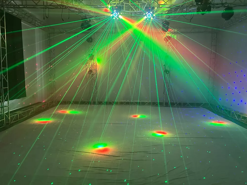 效果图 (3) Three Arm Hot Wheel LED Strip Stage Light 180W AC90-240V 21 DMX 12x10W RGBW 30mW RGB Laser 2-3° Narrow Beam Fixture Fan Cool Equipment Indoor Disco KTV Party Lamp Multi Macro Rotate Beam Laser Strip Strobe Daisy Chain for Cocktail Night Bash Gala Wedding House Party Venue Club Events