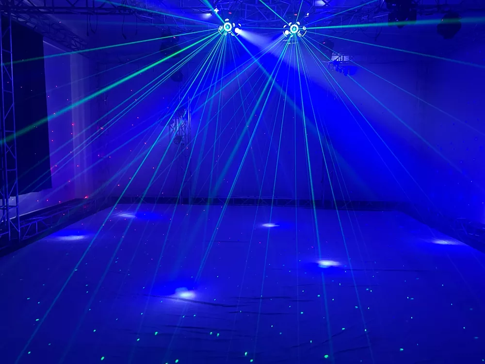 Three Arm Hot Wheel LED Strip Stage Light 180W AC90-240V 21 DMX 12x10W RGBW 30mW RGB Laser 2-3° Narrow Beam Fixture Fan Cool Equipment Indoor Disco KTV Party Lamp Multi Macro Rotate Beam Laser Strip Strobe Daisy Chain for Cocktail Night Bash Gala Wedding House Party Venue Club Events