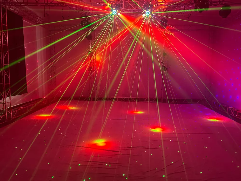 Three Arm Hot Wheel LED Strip Stage Light 180W AC90-240V 21 DMX 12x10W RGBW 30mW RGB Laser 2-3° Narrow Beam Fixture Fan Cool Equipment Indoor Disco KTV Party Lamp Multi Macro Rotate Beam Laser Strip Strobe Daisy Chain for Cocktail Night Bash Gala Wedding House Party Venue Club Events