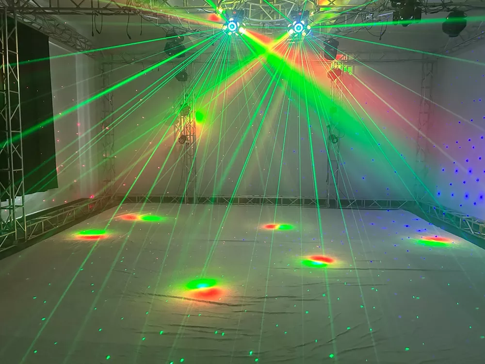 Three Arm Hot Wheel LED Strip Stage Light 180W AC90-240V 21 DMX 12x10W RGBW 30mW RGB Laser 2-3° Narrow Beam Fixture Fan Cool Equipment Indoor Disco KTV Party Lamp Multi Macro Rotate Beam Laser Strip Strobe Daisy Chain for Cocktail Night Bash Gala Wedding House Party Venue Club Events