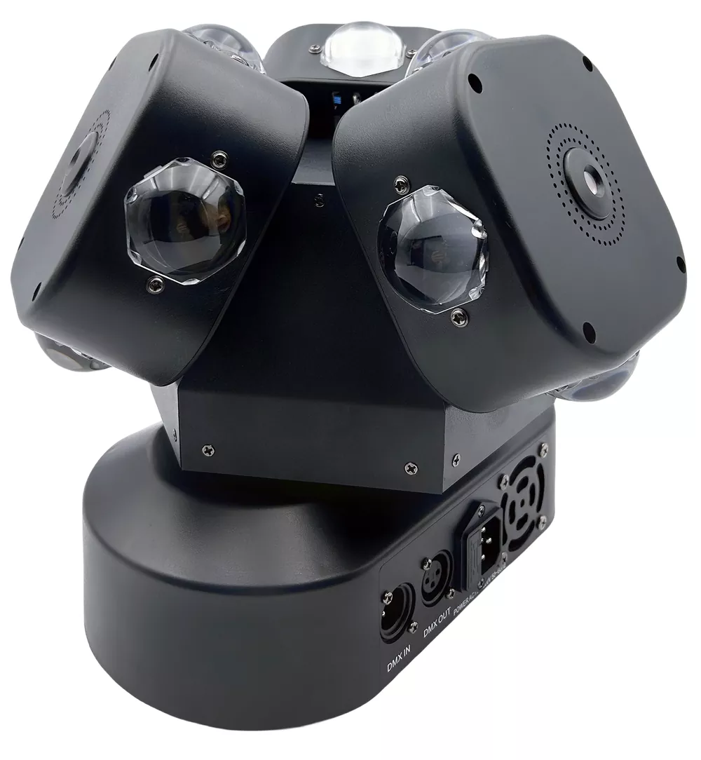 Beam‑Laser Optical Detail Shot Of The 180W 3‑Arm Hot‑Heels Multi‑Effect Moving Head Light