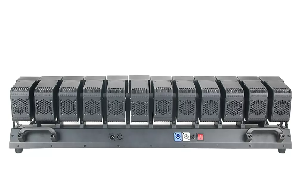 Beam‑Wash‑Strobe‑Aux‑Light Optical Detail Shot Of The 1000‑1200W 12‑Head Pixel‑Swing Multi‑Effect Moving Head Bar Light